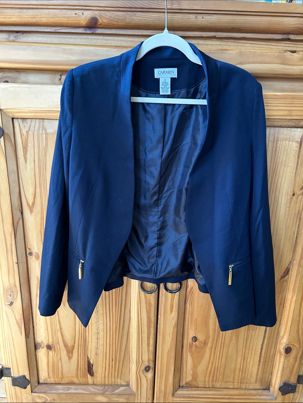 Carmen Marc Valvo Blazer Black Open-Front Gold Zippers Pockets
